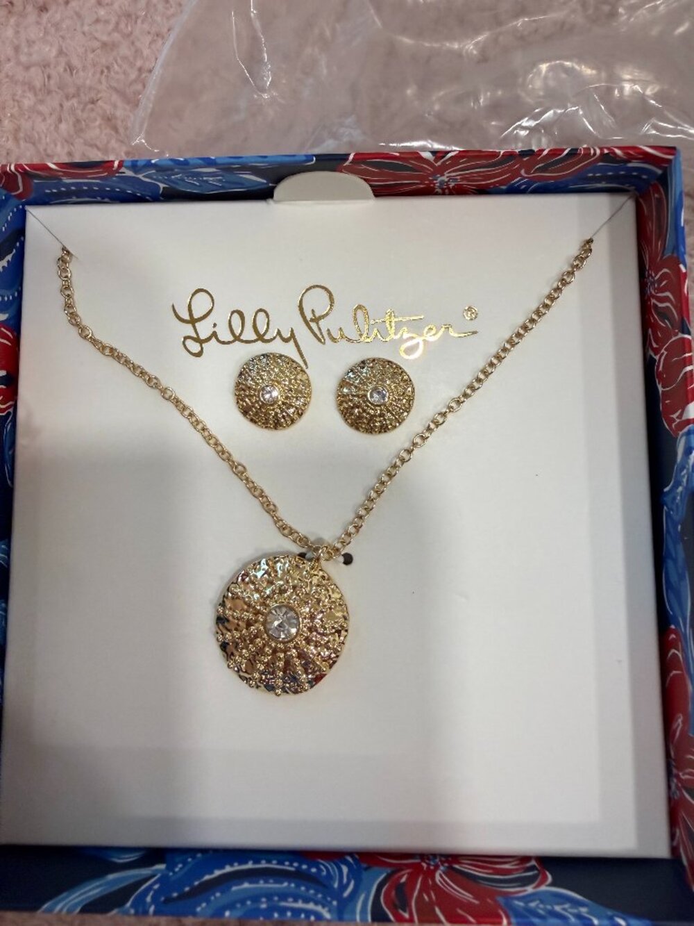NWT Lilly Pulitzer Low Tide Navy Gold Necklace Earrings Jewelry Set